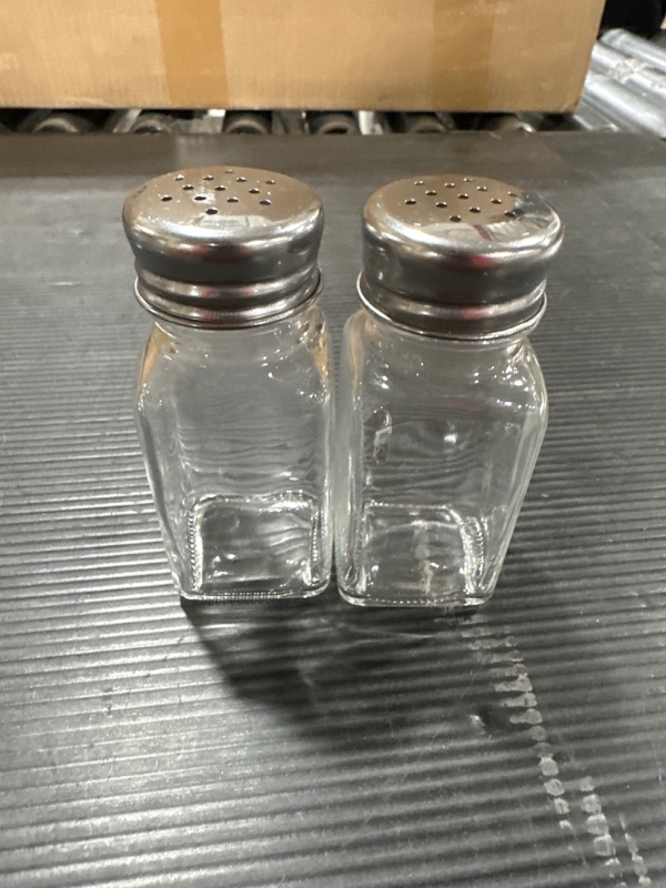 Photo 1 of (Set of 2) Salt and Pepper Shakers, 2 oz., Square Glass Salt and Pepper Shaker with Stainless Steel Mushroom Top
