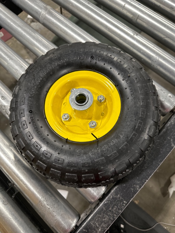 Photo 3 of (2 Pack) AR-PRO 4.10/3.50-4" All Purpose Utility Air Tires/ yellow Wheels with 10" Inner Tube, 5/8" Axle Bore Hole, 2.2" Offset Hub and Double Sealed Bearings for Hand Trucks and Gorilla Cart