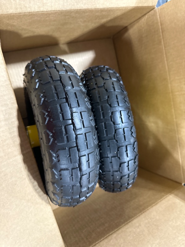 Photo 2 of (2 Pack) AR-PRO 4.10/3.50-4" All Purpose Utility Air Tires/ yellow Wheels with 10" Inner Tube, 5/8" Axle Bore Hole, 2.2" Offset Hub and Double Sealed Bearings for Hand Trucks and Gorilla Cart