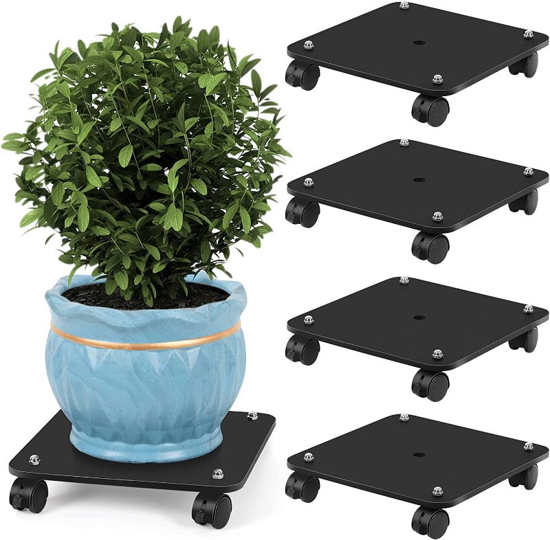 Photo 1 of 4 Pack Plant Stand with Wheels Wooden Plant Caddy 12 Inch Square Rolling Plant Stand with 2 Lockable Casters Pot Plant Roller Base for Indoor Outdoor Heavy Pots, Black
