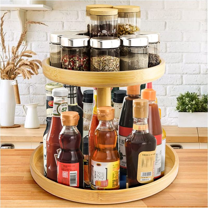 Photo 1 of 2 Tier Bamboo Lazy Susan Organizer for Kitchen,Turntable for Cabinet,Turntable Organizer for Cabinet Pantry Table Organization
