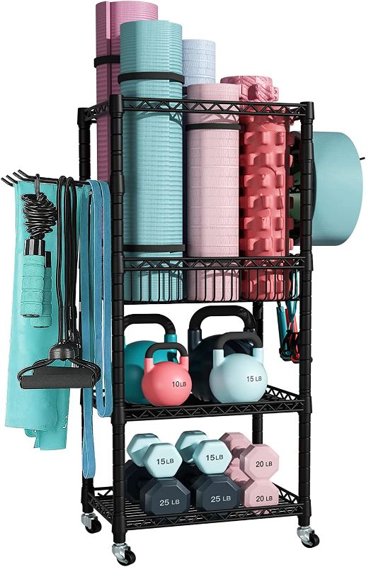 Photo 1 of Yoga Mat Storage, 3-Tier Home Gym Storage, Workout Equipment Holder with Wheels for Yoga Strap, Foam Roller, Small Dumbbells, Kettlebells, 28.3"W x 11.8"D x 47.4"H, Weight Hold 300 LBS, Black