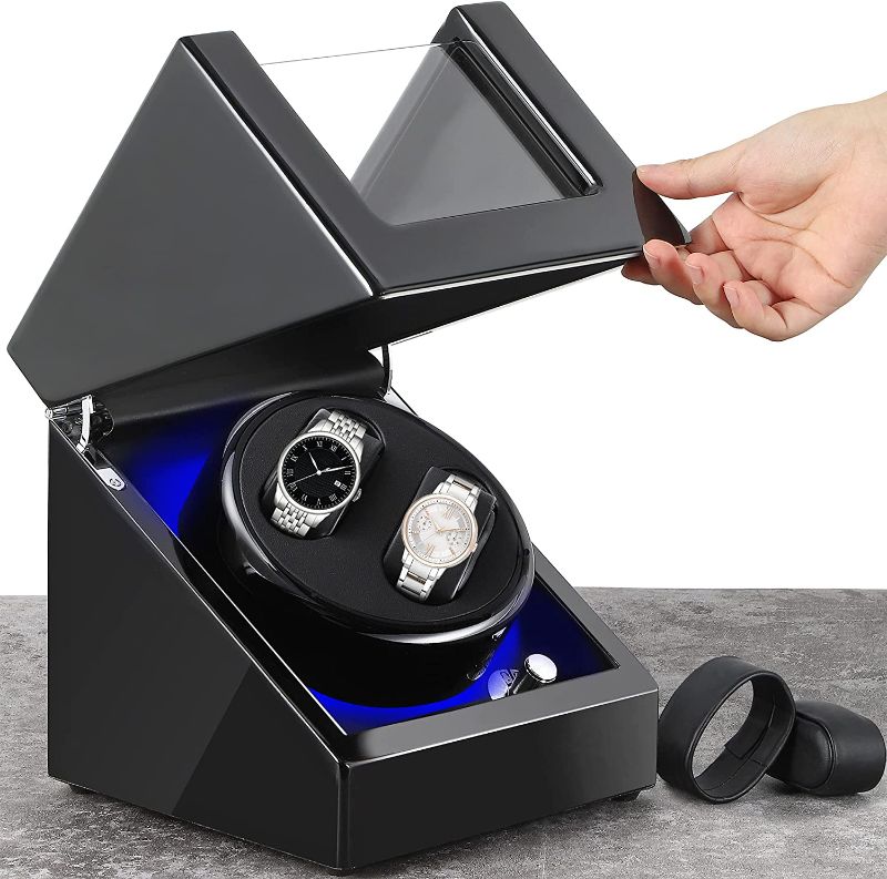 Photo 1 of NEWTRY Automatic Watch Winder Double Watches Winder Boxes with Blue Light Quiet Motor for Watches Display Gift AC Adapter or Battery Powered for Men and Women Gifts Black
