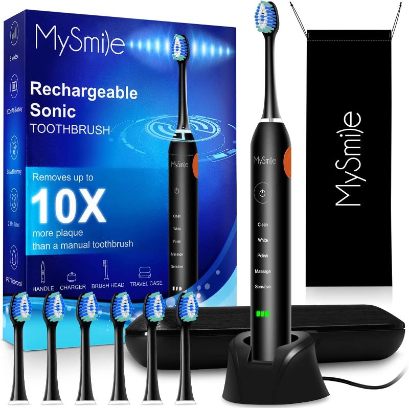 Photo 1 of MySmile Electric Toothbrush for Adults, Rechargeable Sonic Electronic Toothbrush with 6 Brush Heads and Travel Case, 2 Mins 5 Modes Smart Timer, 48000VPM (Black)
