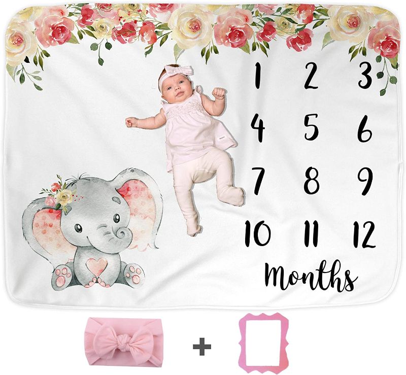 Photo 1 of Elephant Baby Monthly Milestone Blanket with Head Bow, Floral Pink Newborn Month Blankets Girl, Track Months Photo Prop Growth Mat, Nursery Swaddling Wrap, Infant Photography (50"x40", Minky)