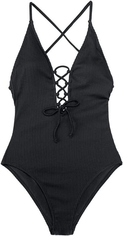 Photo 1 of  One-Piece Swimsuit Women Deep V-Neck Lace-up Bodysuit Beach Swimsuit--size s