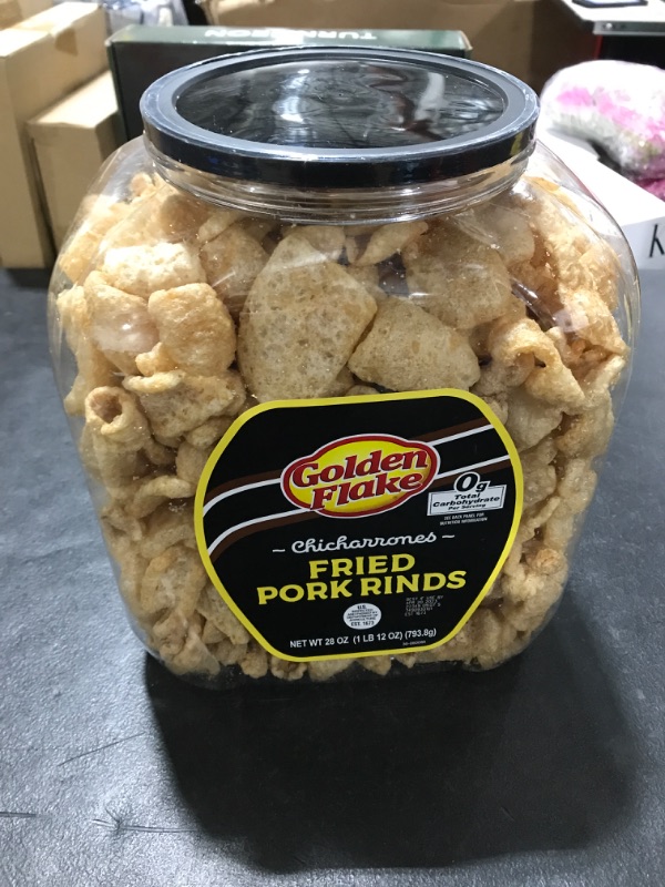 Photo 2 of Golden Flake Pork Rind Barrel, Traditional, 28 Oz. Barrel, Low Carb Snack, Light and Airy Pork Skins with the Perfect Amount of Salt--EXP APRIL 20 2023
