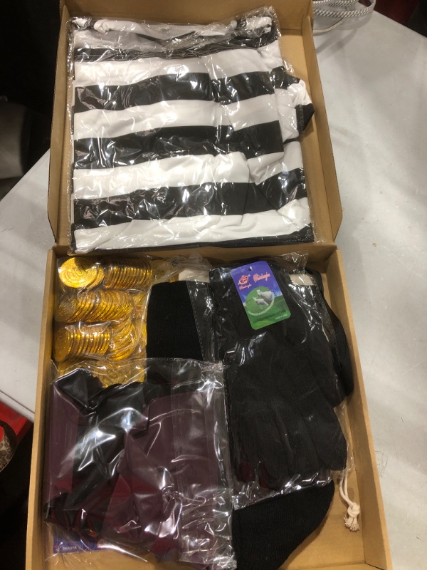 Photo 2 of 119 Pcs Robber Costume Accessories Set Includes Long Sleeve Striped T Shirt Dollar Sign Money Bag Inflatable Gun Props Black Eye Cover Knit Beanie Hat Gloves Fake Mustaches and Pirate Gold Coins