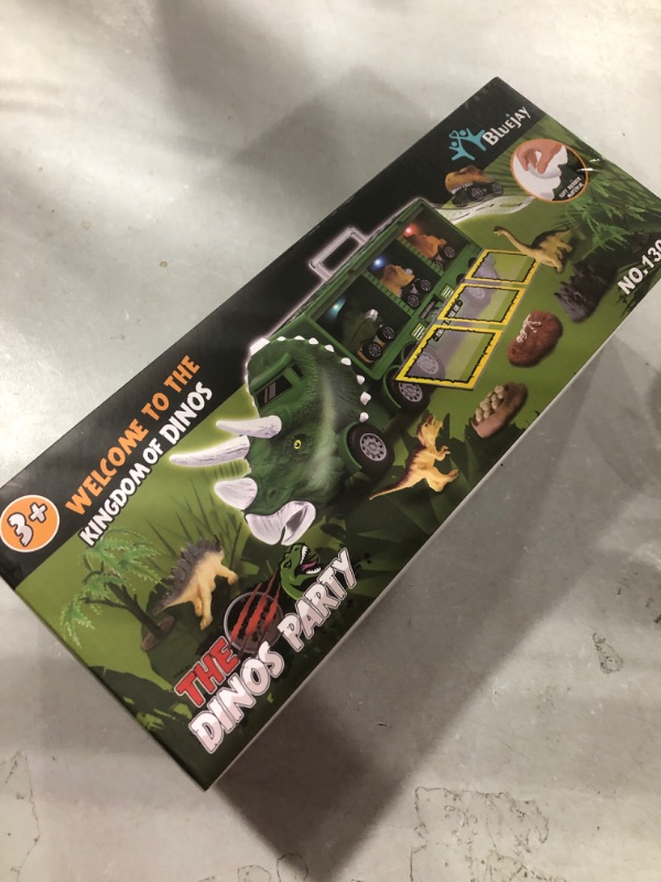 Photo 2 of BLUEJAY 21 Pack Dinosaur Toys for Kids 3-7, Dinosaur Truck with Oversized Dinosaur Map, Flashing Lights, Music and Roaring Sound, Kids Toys with 6 Pull Back Dinosaur Cars, 6 Dinosaur Toys (Green)