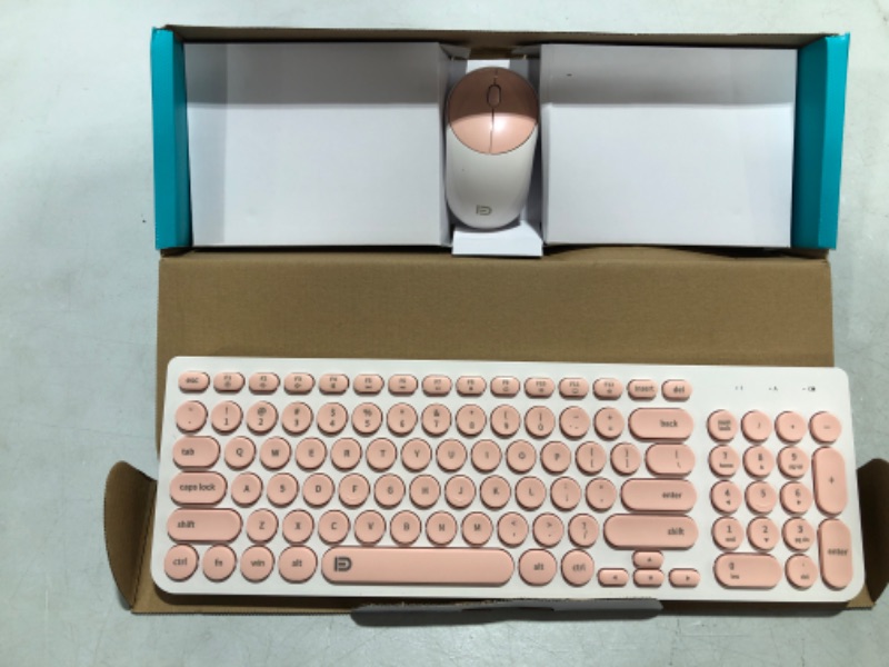 Photo 1 of Wireless Keyboard and Mouse Combo, FD iK6630 2.4GHz Cordless Cute Round Key Set Smart Power-Saving Quiet Slim Combo for Laptop, Computer,TV and Mac (Pink & White)

