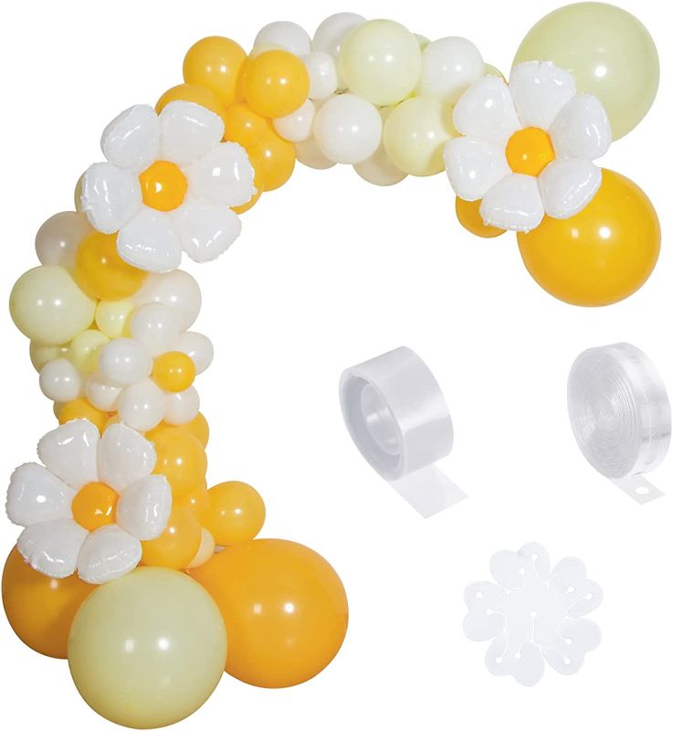 Photo 1 of 129 Pieces Daisy Balloon Arch Garland Kit Daisy Party Decorations White Yellow Orange Boho Balloon Garland Daisy Flower Foil Mylar Latex Balloons Decor for Daisy Theme Wedding Birthday Party