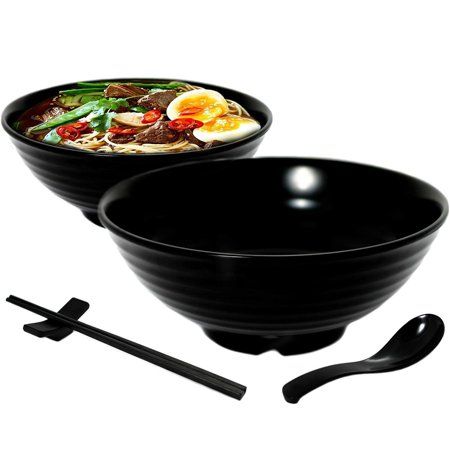 Photo 1 of 2 Ramen Bowl Sets. 8 Pieces Melamine Large Noodle Bowls Set by Vallenwood. Black. Asian Chinese Japanese or Pho Soup 32oz. with Spoons Chopsticks