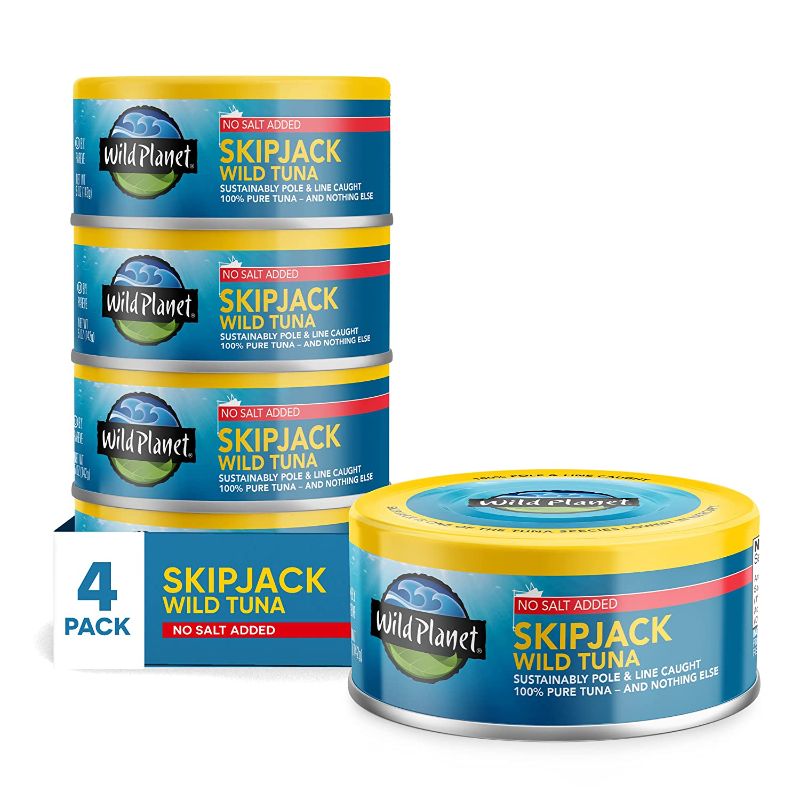 Photo 1 of  2 pack Wild Planet Skipjack Wild Tuna, No Salt Added, Canned Tuna, Pole & Line Sustainably-Caught, Kosher, 5 Ounce Can (Pack of 4  ) No Salt 5 Ounce