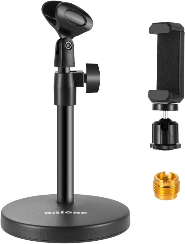 Photo 1 of BILIONE 3 in 1 Multi-Function Desktop Microphone Stand, Adjustable Table Mic Stand with Microphone Clip, Cell Phone Clip, 5/8" Male to 3/8" Female Metal Adapter
