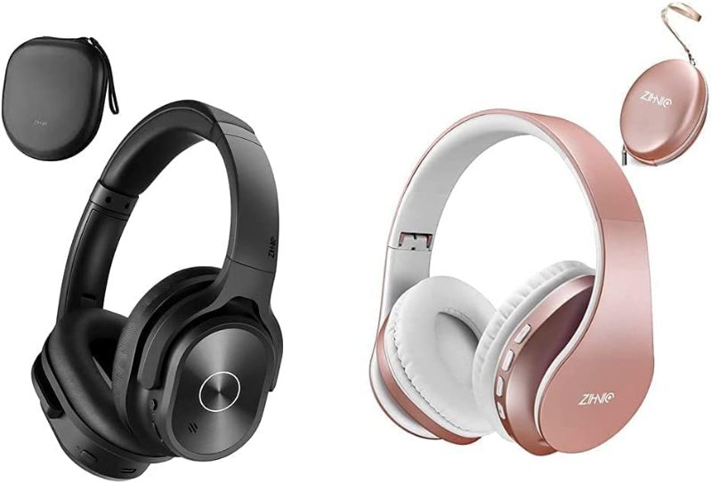 Photo 3 of ZIHNIC 2 Items,1 Black Active Noise Cancelling Headphones Bundle with 1 Rose Gold Foldable Wireless Headset
