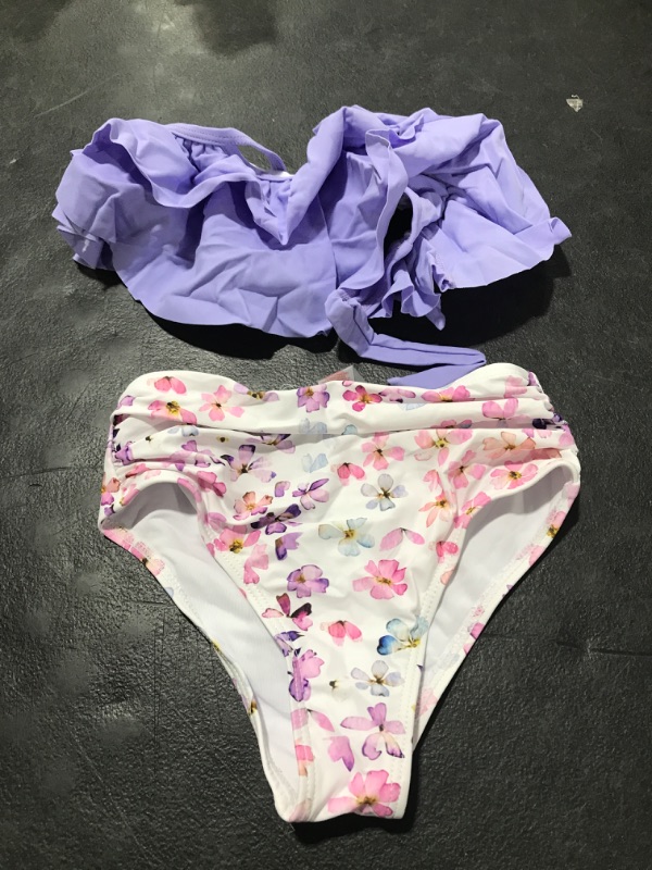 Photo 1 of  KIDS TWO PIECE BIKIN RUFFLE PURPLE TOP AND FLOREAL BOTTOMS SIZE 116 