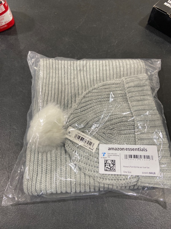 Photo 1 of Amazon Essentials Women's Pom Knit Hat and Scarf Set One Size Light Grey Heather