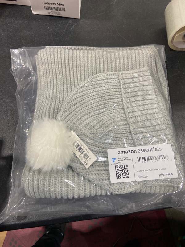 Photo 2 of Amazon Essentials Women's Pom Knit Hat and Scarf Set One Size Light Grey Heather