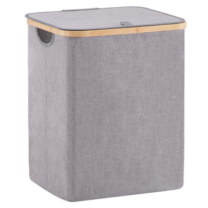 Photo 1 of YOUDENOVA 66L Small Bamboo Laundry Hamper Basket with Lid and Handle, Waterproof and Collapsible Cloth Hamper for Closet and Bathroom, Grey(15.7"L 13"W 19.7"H) 66L Grey