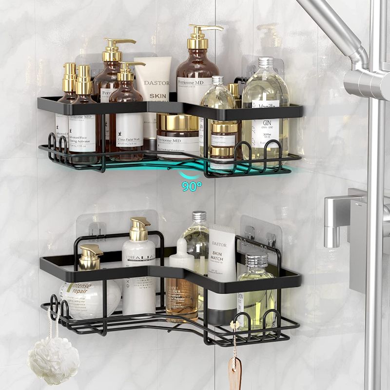 Photo 1 of Bonn 1949 2 Pack Corner Shower Caddy, Strong adhesive Shower Organizer Shelf with 8 hooks. Waterproof, rustproof wall-mounted shower shelves for bathroom, dorm and kitchen. No Drilling (Black)… 