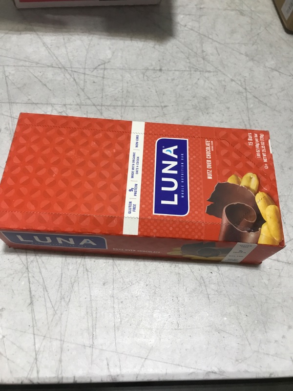 Photo 2 of 08/29/2023 LUNA BAR - Gluten Free Snack Bars - Nutz Over Chocolate Flavor - 9g of protein - Non-GMO - Plant-Based Wholesome Snacking - On the Go Snacks (1.69 Ounce Snack Bars, 15 Count)