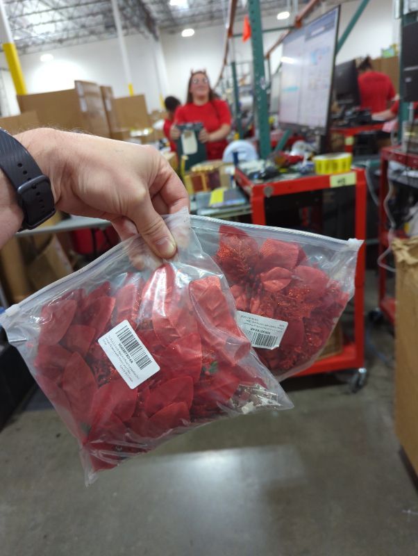 Photo 1 of 2pk - LTGICH 20 Pcs Christmas Artificial Flowers Red Glitter Poinsettia Flowers Artificial for Christmas Tree Decorations, Xmas Holiday Party Wreath Garlands Restaurant Flower Decorations (5.5inch)