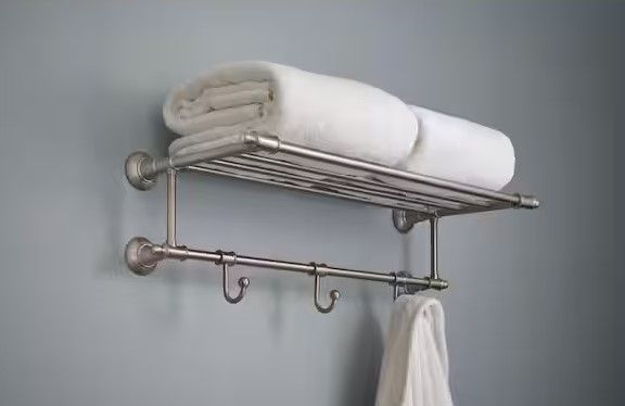 Photo 1 of 24 in. W Towel Shelf with 3-Towel Hooks in Brushed Nickel
