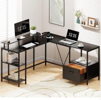 Photo 1 of Huuger L Shaped Desk with Power Outlets & LED Lights, Reversible Computer Desk with Storage Shelves & File Cabinet, Corner Desk Home Office Desk, Black
