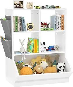 Photo 1 of Aheaplus Toy Storage Organizer with Bookcase, 40'' Tall 5 Cubby Bookshelf Toy Storage Cabinet, Open Multi-Bins Wooden Toys&Books Storage Display Organizer for Playroom, Bedroom, Nursery, School, White
