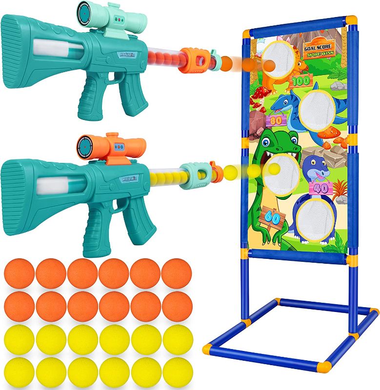 Photo 2 of Bottleboom Shooting Game Toys for Boys Age 5 6 7 8 9 10+ Years Old,Foam Popper Guns for 2 Player,Electric Shooting Target & Air Blaster with 24 Foam Bullet Balls Birthday Gift for Kids Girls
