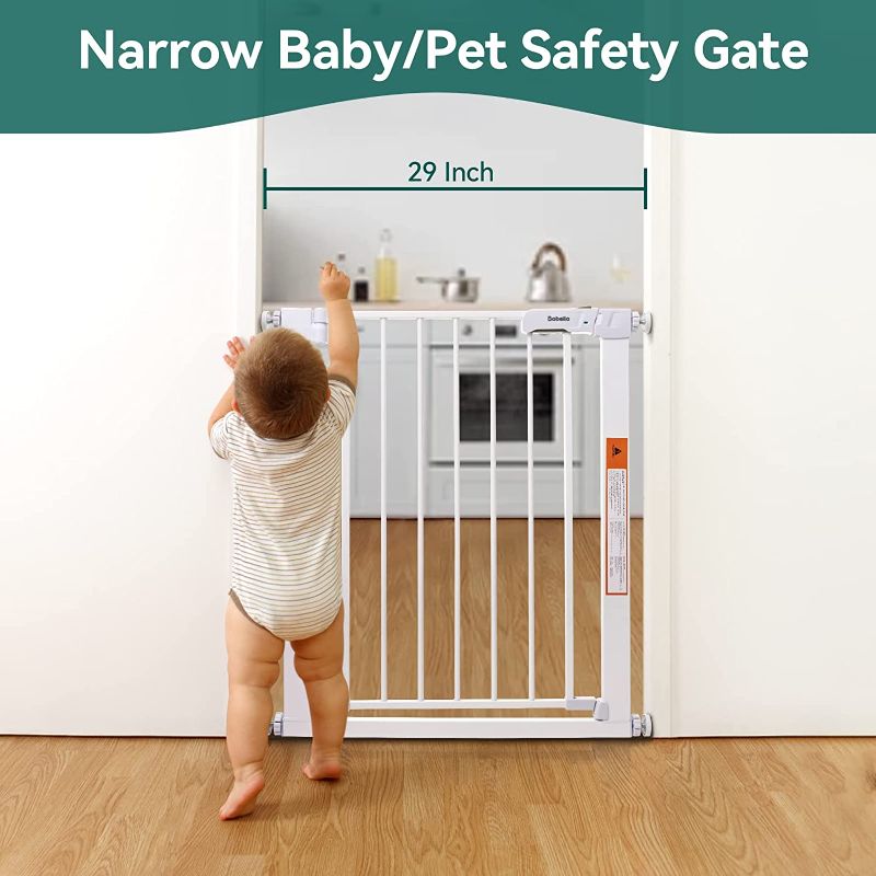 Photo 3 of Babelio 26-29 Inch Easy Install Baby Gate with Door, Fit for Narrow Doorways, Auto-Close Design, No Drilling, Pressure Mounted, Safety Gate w/Door for Child and Pets (White)