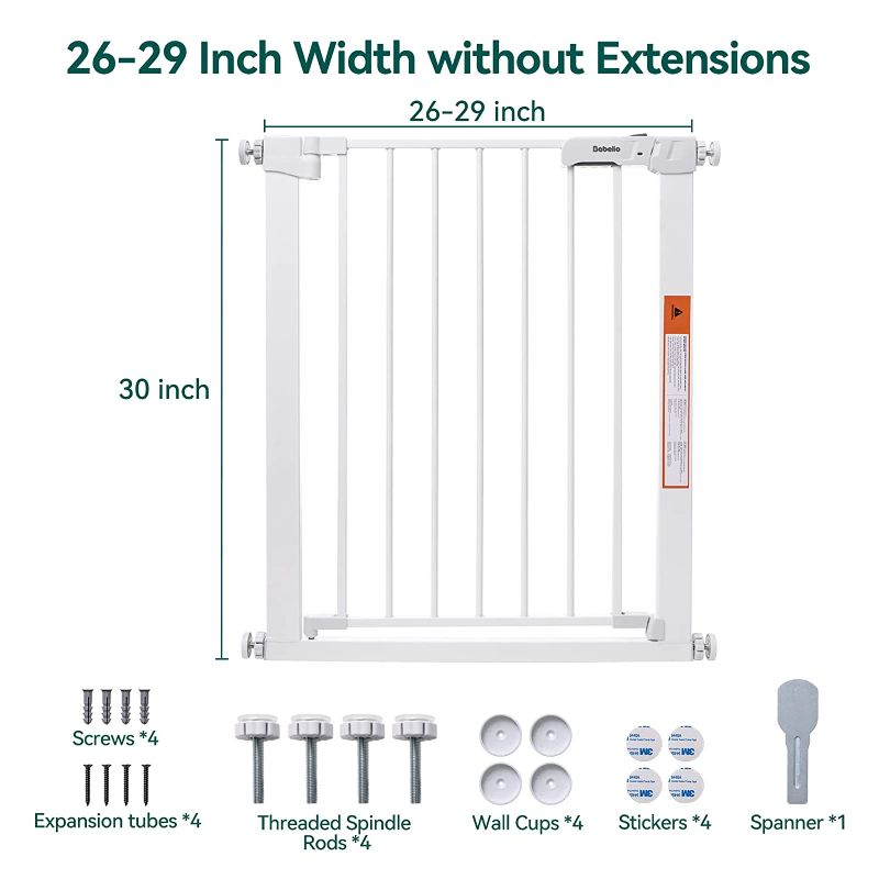 Photo 2 of Babelio 26-29 Inch Easy Install Baby Gate with Door, Fit for Narrow Doorways, Auto-Close Design, No Drilling, Pressure Mounted, Safety Gate w/Door for Child and Pets (White)