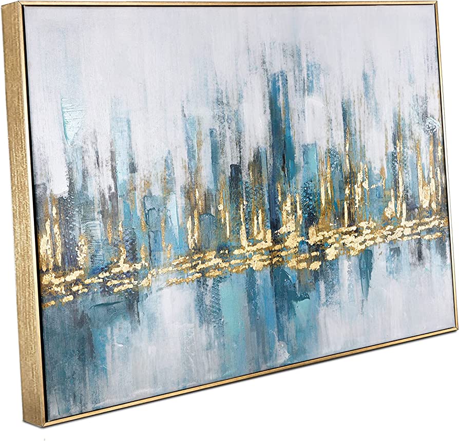 Photo 1 of Abstract Cityscape Canvas Wall Art - Framed Teal City Skyline Painting Prints with Gold Foil for Modern Living Room, Bedroom Decor