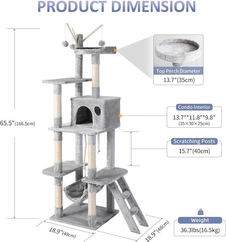 Photo 2 of JOYO Cat Tree for Indoor Cats, 65.5 Inches Multi-Level Cat Tower Cat Tree with Hammock, Scratching Posts, Top Perch, Ladder, Cat Activity Tree Cat Condo with Toys, Cat Climbing Tower for Kitten Play Grey