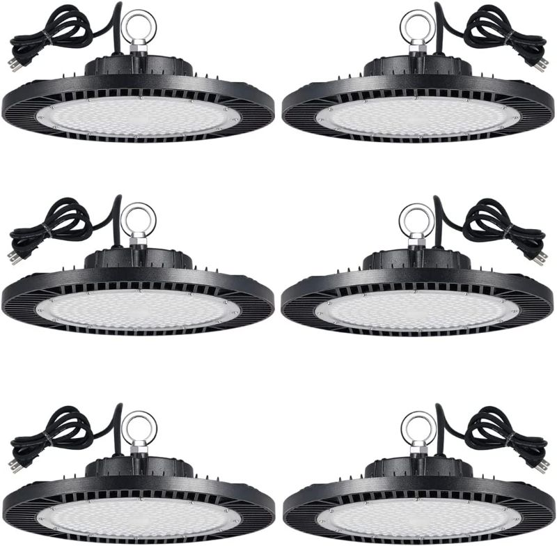 Photo 1 of 6 Pack UFO LED High Bay Light 150W, 21,000lm (Eqv.600W MH/HPS), 100-277V, 5000K Daylight Etl Listed LED High Bay Lights Fixture 5' Cable with US Plug for Commercial Workshop, Warehouse, Barn, Garage