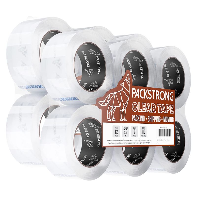 Photo 1 of Packstrong Industrial Grade Clear Packing Tape (12 Rolls) - Extra Long 110 Yards per Roll - 2" Wide x 2.7 mil Thick, Acrylic Adhesive Heavy Duty Tape for Box Office Moving Packaging Shipping
