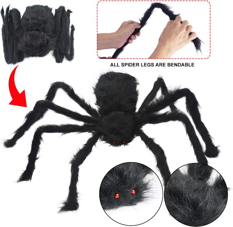 Photo 1 of 3 Pack Halloween Realistic Spider Decoration Set, Scary Hairy Giant Spiders with Red Eyes, Bendable Legs for Patio, Yard, House, Wall Outdoor Decoration 