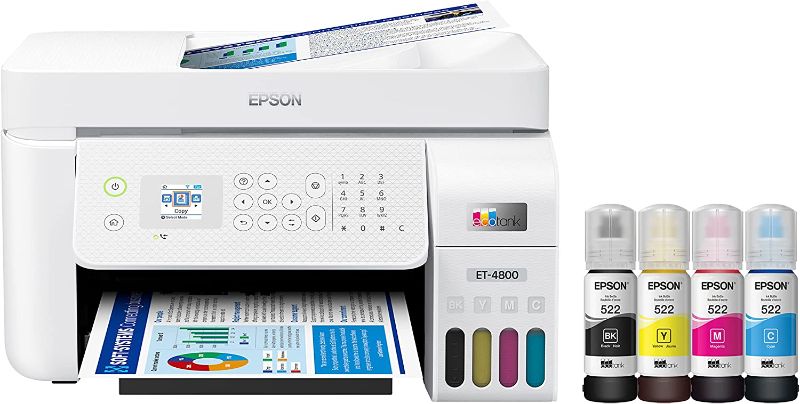 Photo 1 of Epson EcoTank ET-4800 Wireless All-in-One Cartridge-Free Supertank Printer with Scanner, Copier, Fax, ADF and Ethernet – Ideal-for Your Home Office
(UNABLE TO TEST FUNCTIONALITY)
