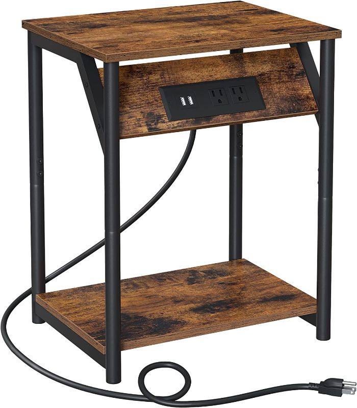 Photo 1 of  Side Table with Charging Station, End Table with USB Ports and Outlets, Nightstand for Living Room, Bedroom, Plug-in Series, Rustic Brown and Black 