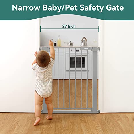Photo 2 of Babelio 26-29 Inch Narrow Easy Install Baby Gate with Door, Fit for Doorways, Auto-Close Design, No Drilling, Pressure Mounted, Safety Gate w/Door for Child and Pets (Grey) Gray