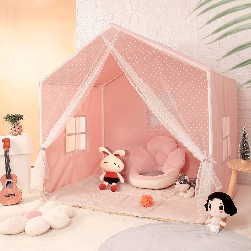 Photo 1 of Kids Play Tent with Non-Slip Mat, Star Lights, Dots Curtains Large Playhouse with Windows, Machine Washable, Indoor and Outdoor Castle Play Tent for Kids, Girls, Pink