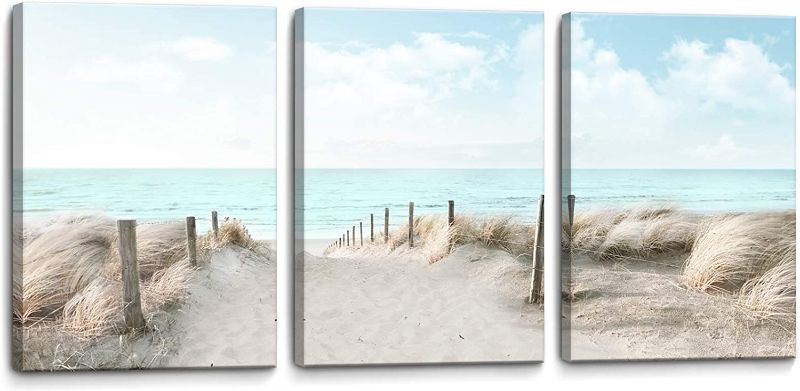 Photo 1 of 3 Piece Large Canvas Bedroom Wall Art Beach Blue Sea Blue Sky Print Picture Framed Wall Decor for Living Room Bathroom Modern Home Decor Artwork Ready to Hang Coastal Wall Decorations Size 16x24x3 
