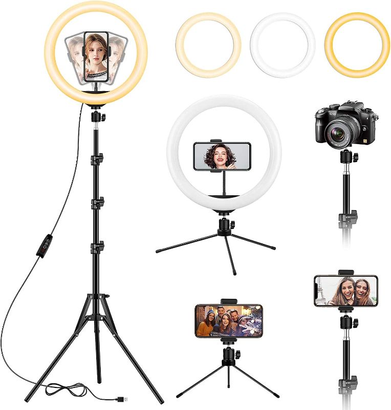 Photo 1 of 13 inch Ring Light with Floor Tripod and Desk Stand(Ringlight Kit Totally 74" Tall), LED Circle Light with Phone Holder, for Photo Selfie, Video Recording, Zoom Meeting 