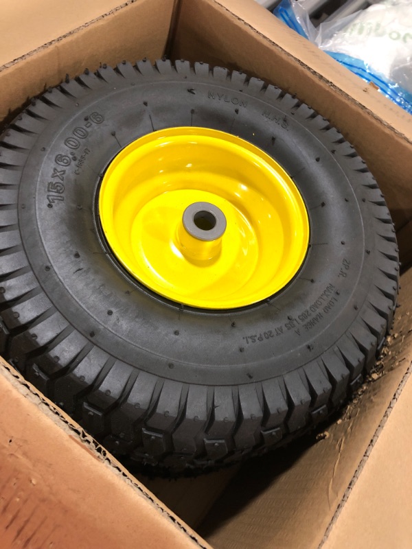 Photo 2 of (2 Pack) AR-PRO Exact Replacement 15" x 6.00 - 6" Front Tire and Wheel Assemblies for John Deere Riding Mowers - Compatible with John Deere 100 and D100 Series - 3” Hub Offset and 3/4” Bushings 15" x 6.00-6" Yellow