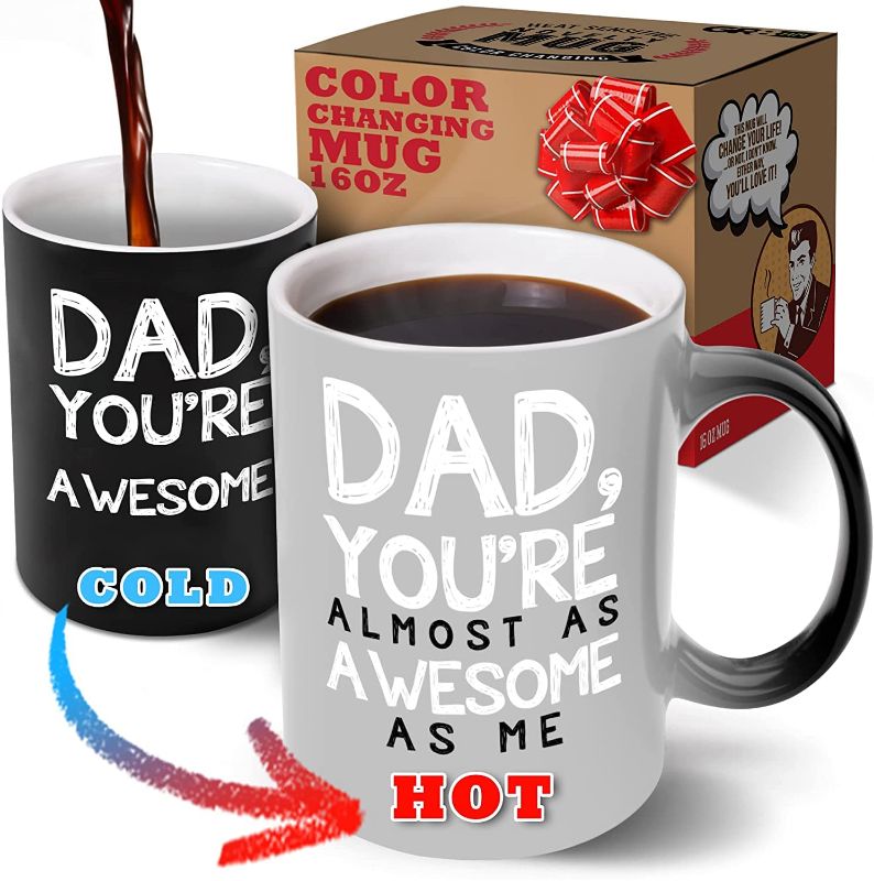 Photo 1 of 2 pack - GR8AM Text Revealing Funny Mug 16oz - Awesome Dad - Funny Unique Coffee Mug for Men. Cool Coffee Mugs for Men & Best Hot Cocoa Mugs this Christmas. Cute Gifts for Dad from Daughter Awesome Dad (16oz) Ceramic