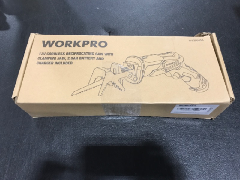 Photo 3 of WORKPRO 12V Cordless Reciprocating Saw with Clamping Jaw, 2.0Ah Li-Ion Battery with 1 Hour Fast Charger, Variable Speed and Tool-Free Blade Change, 3 Saw Blades for Wood & Metal Cutting