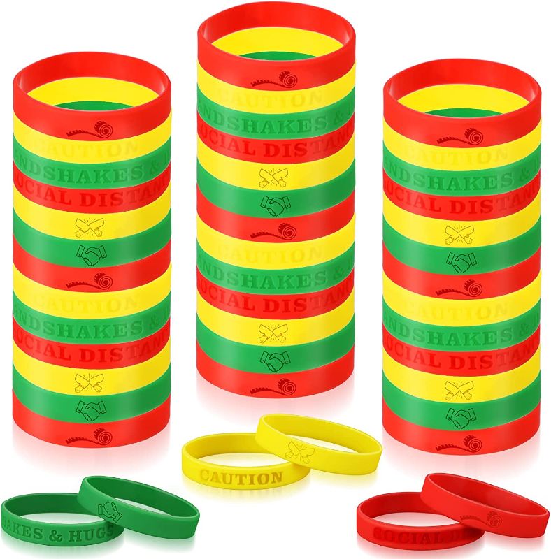 Photo 1 of 150 Pieces Social Distancing Colored Wristbands for Events Identification Red Yellow Green Silicone Wristbands Color Coordinated Wedding Wrist Bands Bracelets for Office Family Family Adults Students