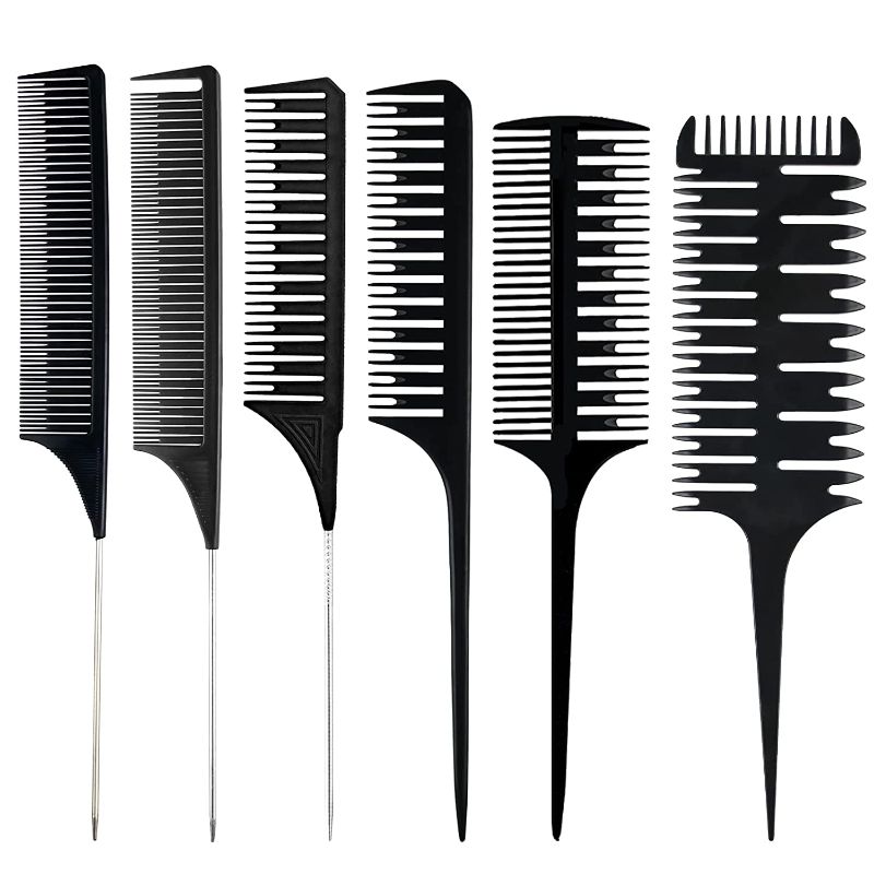 Photo 1 of 6 Pcs Highlighting Comb Set Professional Weaving Styling With Rat Tail Comb Teasing Foiling Comb Heat Resistant For Hair Salon Barber Home(Black)