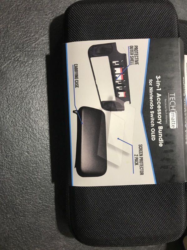 Photo 1 of amFilm Switch OLED Accessories Bundle TechMatte 3-in-1 Essential Kit with Carrying Case, 2 Glass Screen Protectors, Designed for Nintendo Switch OLED Model 2021, Classic Black