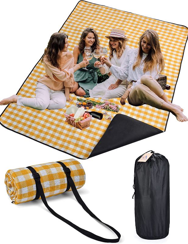 Photo 1 of AeeCool Picnic Blanket 79"x59" with 3 Layers Materia Waterproof Foldable Plaid Picnic Mat for Camping Beach Park Family Concerts Fireworks (Yellow and White Checkered, 79x59)